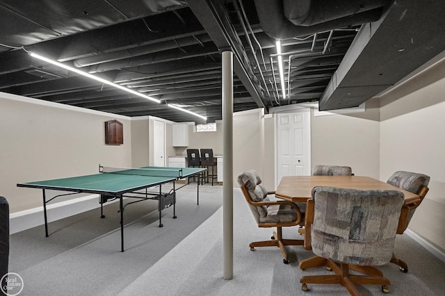 game room featuring carpet floors and baseboards