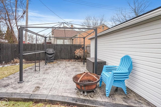 view of patio / terrace featuring an outdoor fire pit and a fenced backyard