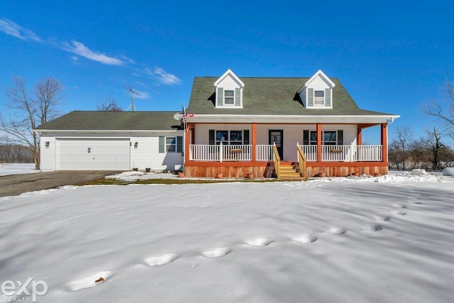 new england style home featuring an attached garage and covered porch