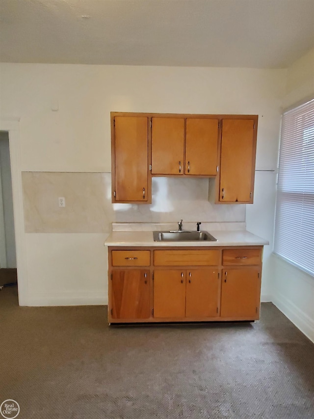 kitchen featuring light carpet, light countertops, and a sink