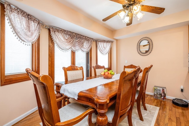 dining room with baseboards, a healthy amount of sunlight, ceiling fan, and light wood finished floors