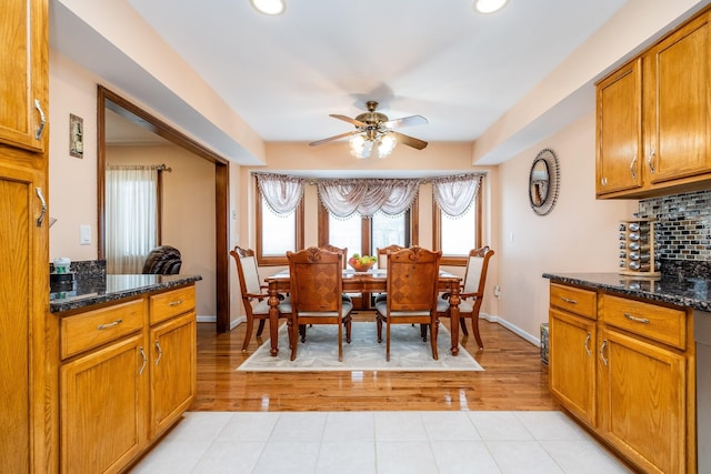 dining area featuring ceiling fan, light wood-type flooring, recessed lighting, and baseboards