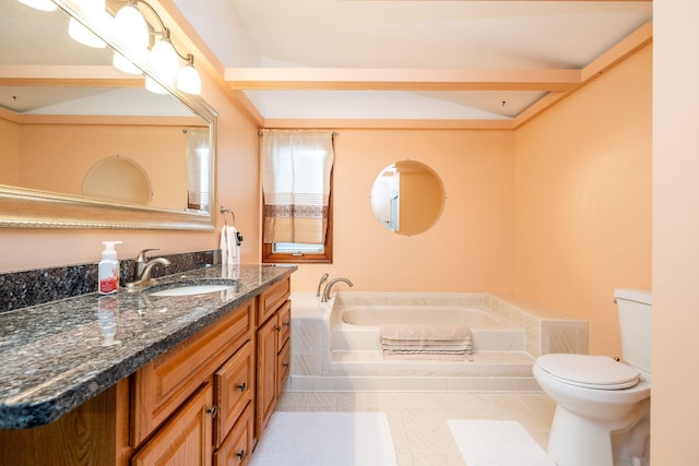 bathroom with lofted ceiling, toilet, vanity, a bath, and tile patterned floors