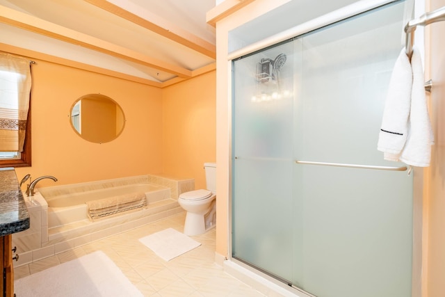 full bath featuring vanity, tile patterned flooring, a shower stall, and toilet