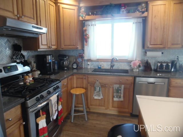 kitchen with appliances with stainless steel finishes, backsplash, a sink, and under cabinet range hood