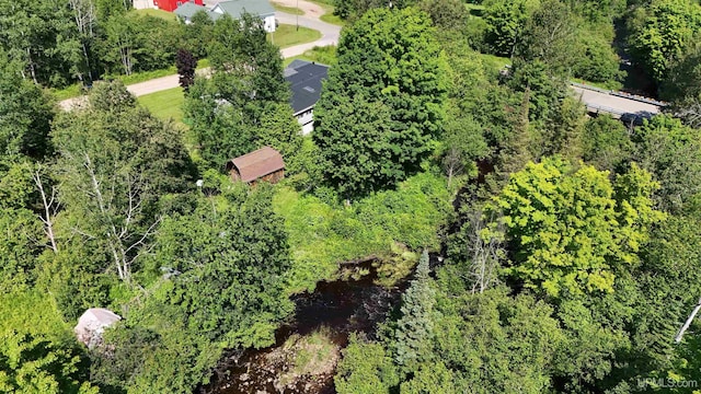 drone / aerial view with a wooded view