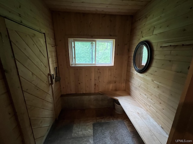 interior space with wood ceiling and wood walls