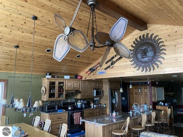 kitchen with high vaulted ceiling, wooden ceiling, under cabinet range hood, stainless steel appliances, and glass insert cabinets