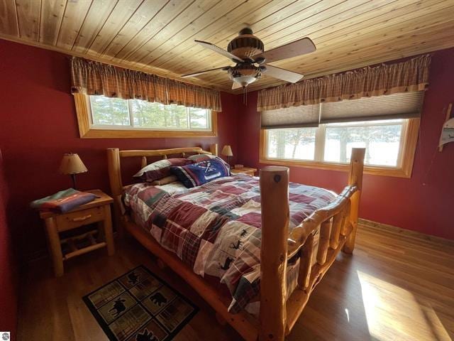 bedroom with wooden ceiling and wood finished floors