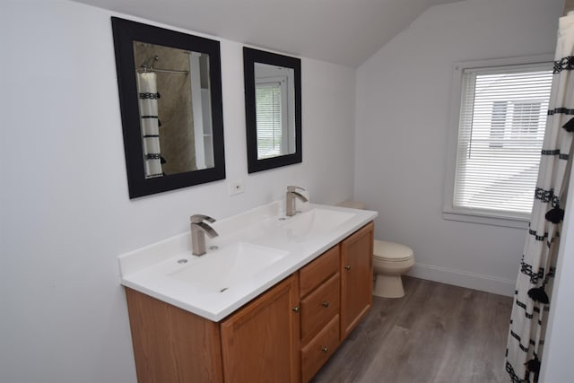 bathroom with lofted ceiling, double vanity, a sink, and wood finished floors