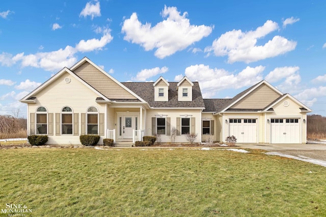 view of front facade featuring an attached garage, a shingled roof, a front lawn, and concrete driveway