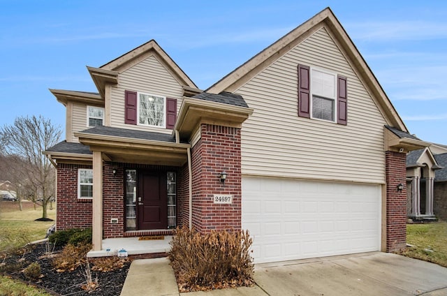 traditional-style home with an attached garage, driveway, roof with shingles, and brick siding