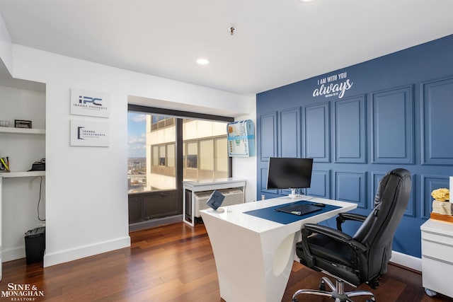 office with recessed lighting, dark wood finished floors, and baseboards