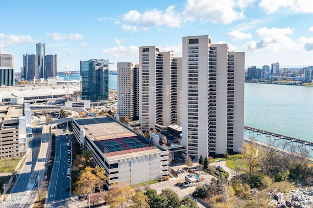 aerial view featuring a water view and a city view