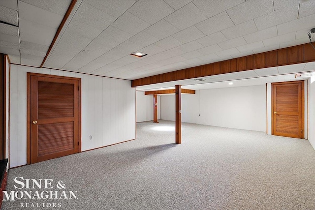 finished basement featuring carpet floors and wooden walls