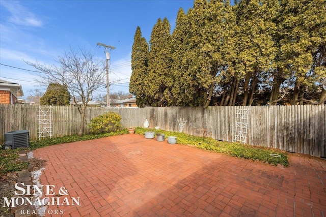 view of patio / terrace featuring a fenced backyard and central AC unit