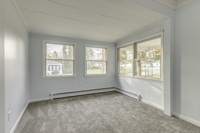 carpeted empty room with baseboards and baseboard heating