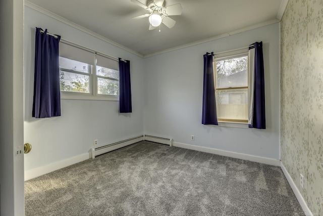 unfurnished room with crown molding, a baseboard heating unit, and carpet flooring