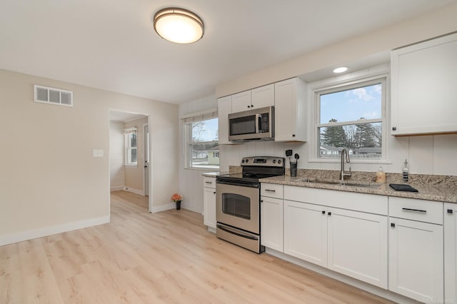 kitchen with visible vents, appliances with stainless steel finishes, light wood-type flooring, white cabinetry, and a sink