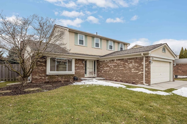 traditional-style house with an attached garage, brick siding, fence, driveway, and a front yard