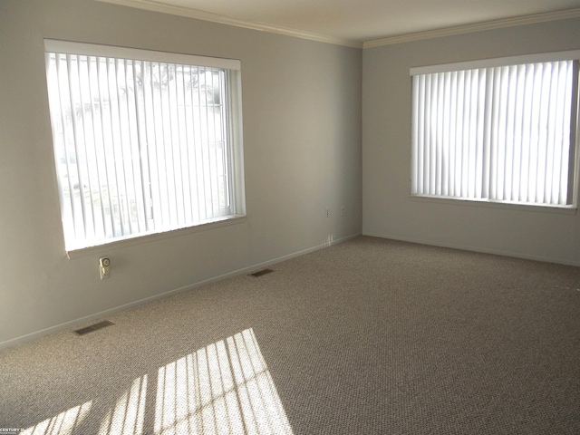 spare room featuring ornamental molding, visible vents, and carpet floors