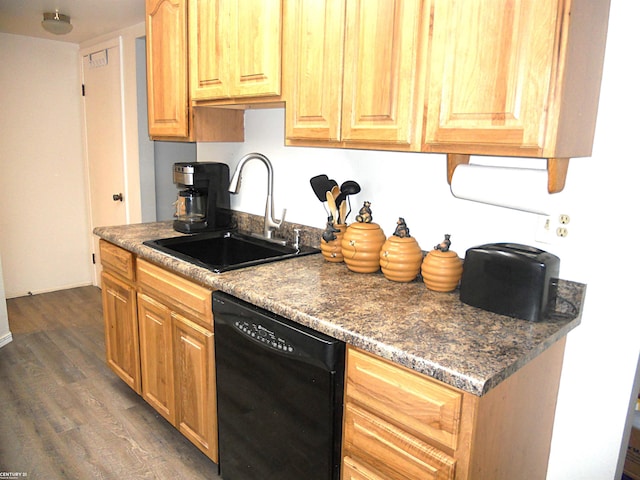 kitchen with dishwasher, a sink, and dark wood finished floors