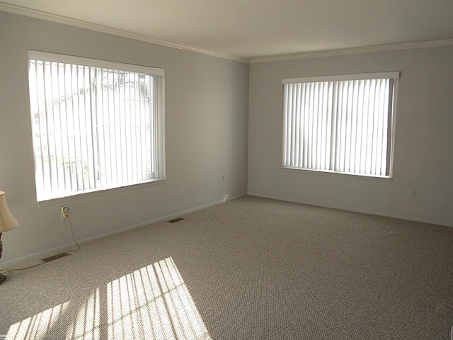 spare room featuring carpet flooring, visible vents, and crown molding