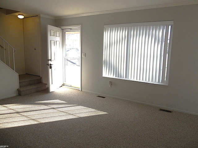 foyer featuring stairs, carpet floors, ornamental molding, and visible vents