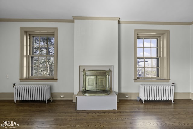 interior space with ornamental molding, wood finished floors, a wood stove, and radiator