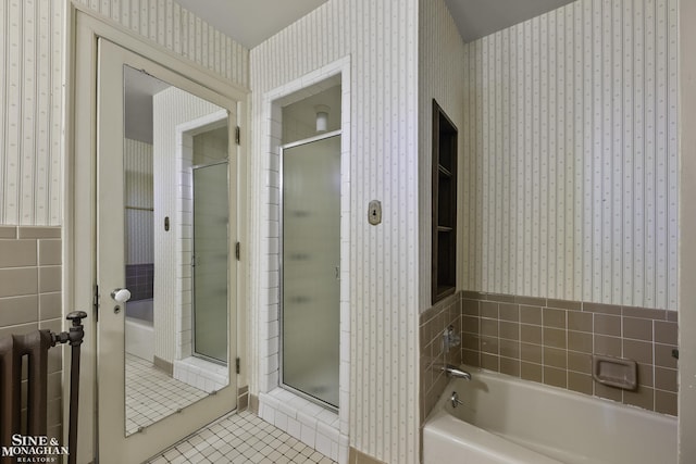 full bathroom with a stall shower, tile patterned floors, a garden tub, and wallpapered walls