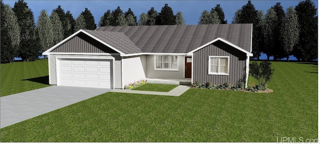 single story home with board and batten siding, an attached garage, and a front lawn