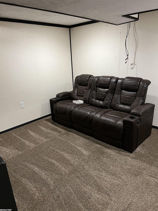 home theater with carpet floors and baseboards