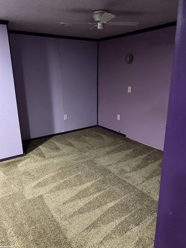 carpeted spare room with ceiling fan