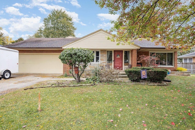 ranch-style house featuring driveway, stone siding, an attached garage, a front lawn, and brick siding