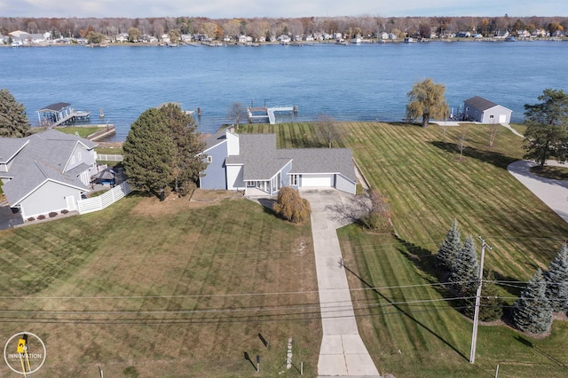 bird's eye view with a water view