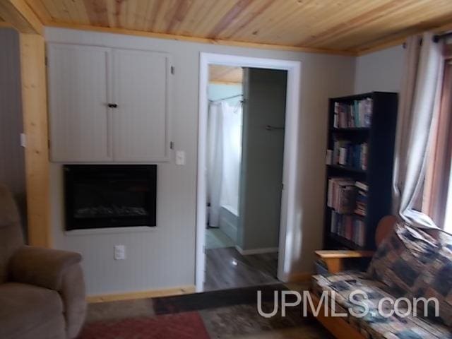 living room featuring wooden ceiling