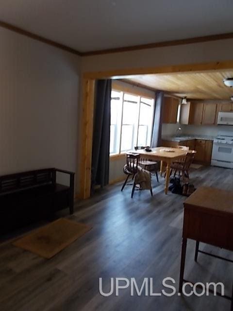 dining room featuring dark wood-style flooring and crown molding