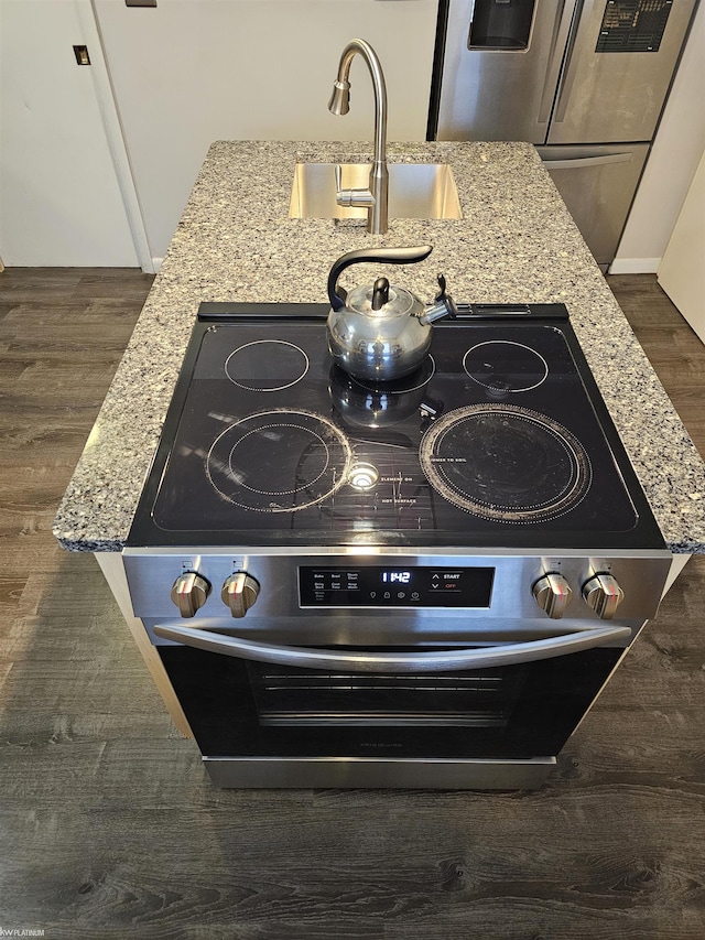 room details featuring light stone counters, stainless steel appliances, and dark wood-type flooring