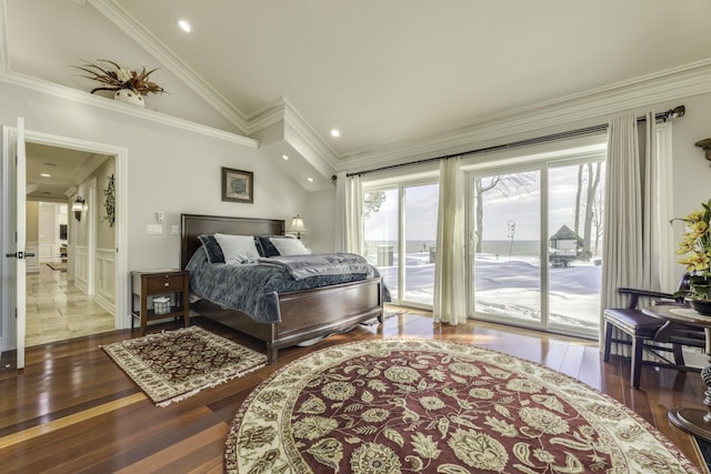 bedroom with access to exterior, recessed lighting, ornamental molding, vaulted ceiling, and wood finished floors