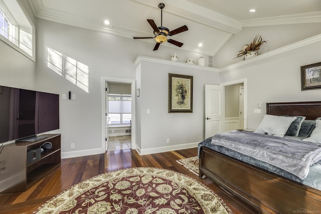 bedroom with high vaulted ceiling, baseboards, beamed ceiling, and hardwood / wood-style floors