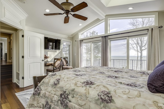 bedroom with a ceiling fan, dark wood-style floors, ornamental molding, vaulted ceiling with beams, and access to outside