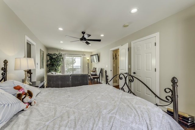 bedroom featuring recessed lighting, access to outside, and ceiling fan