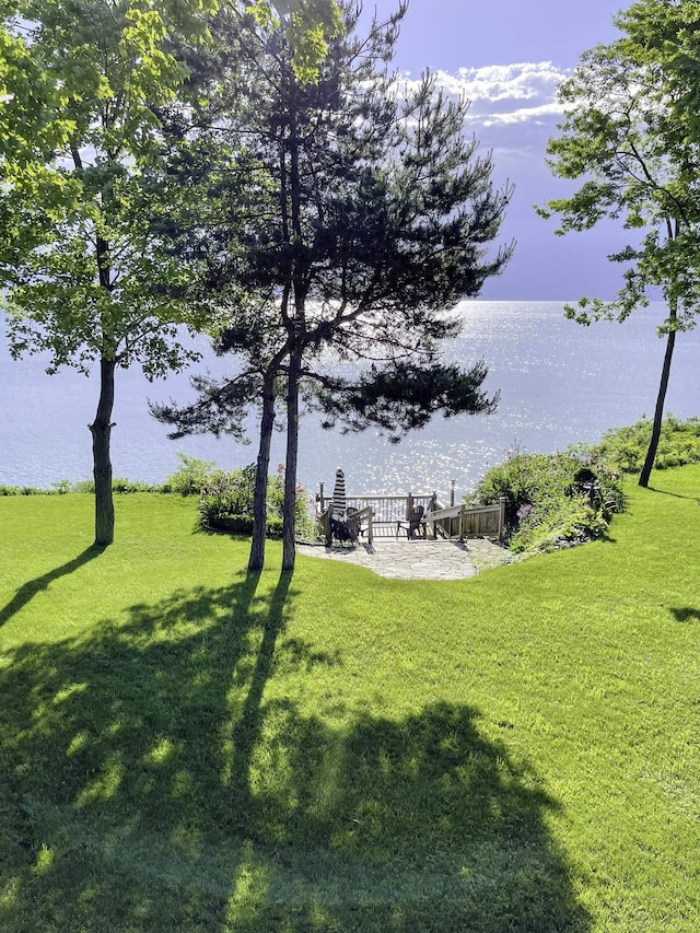 view of yard featuring a patio area and a water view