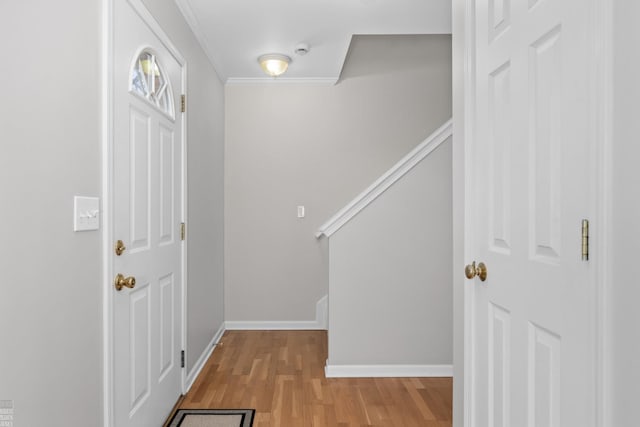 foyer entrance with light wood-style flooring, baseboards, and crown molding