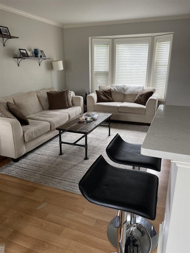 living room with ornamental molding and wood finished floors