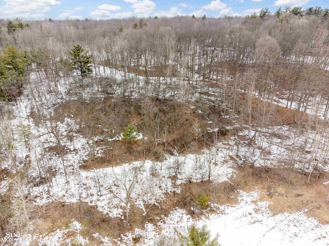 snowy aerial view featuring a wooded view