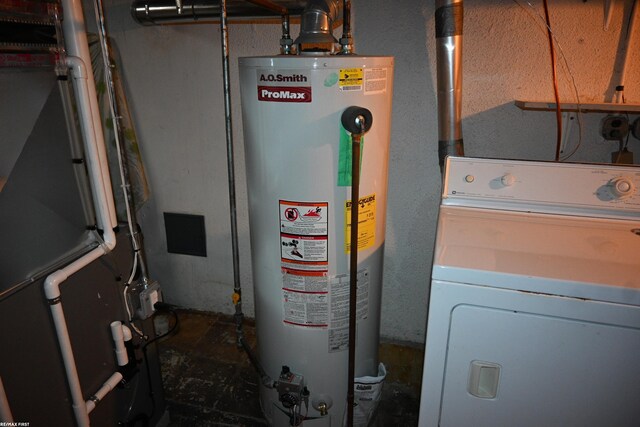 utilities featuring water heater, washer / dryer, and heating unit