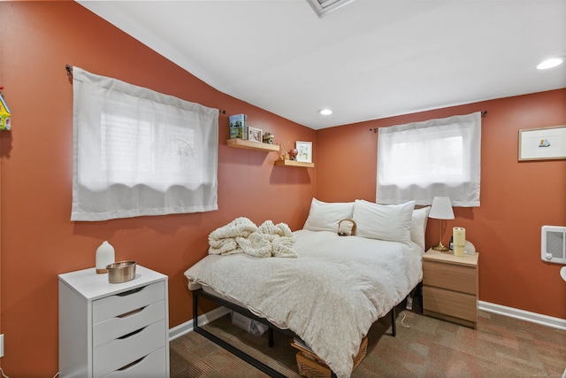 bedroom featuring carpet, baseboards, and recessed lighting