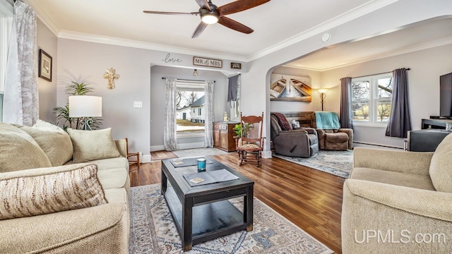 living room with baseboards, a baseboard radiator, ceiling fan, ornamental molding, and wood finished floors