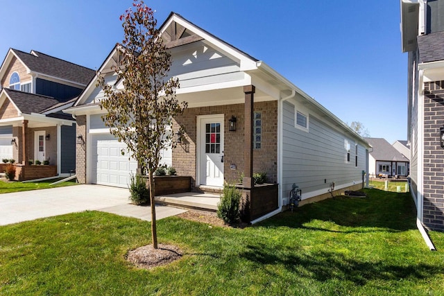 view of front facade featuring concrete driveway, brick siding, a front lawn, and an attached garage